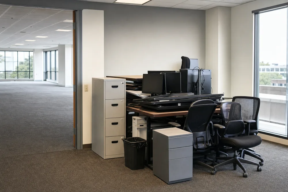 Office space mid-cleanout with stacked desks, chairs, filing cabinets and monitors ready for removal