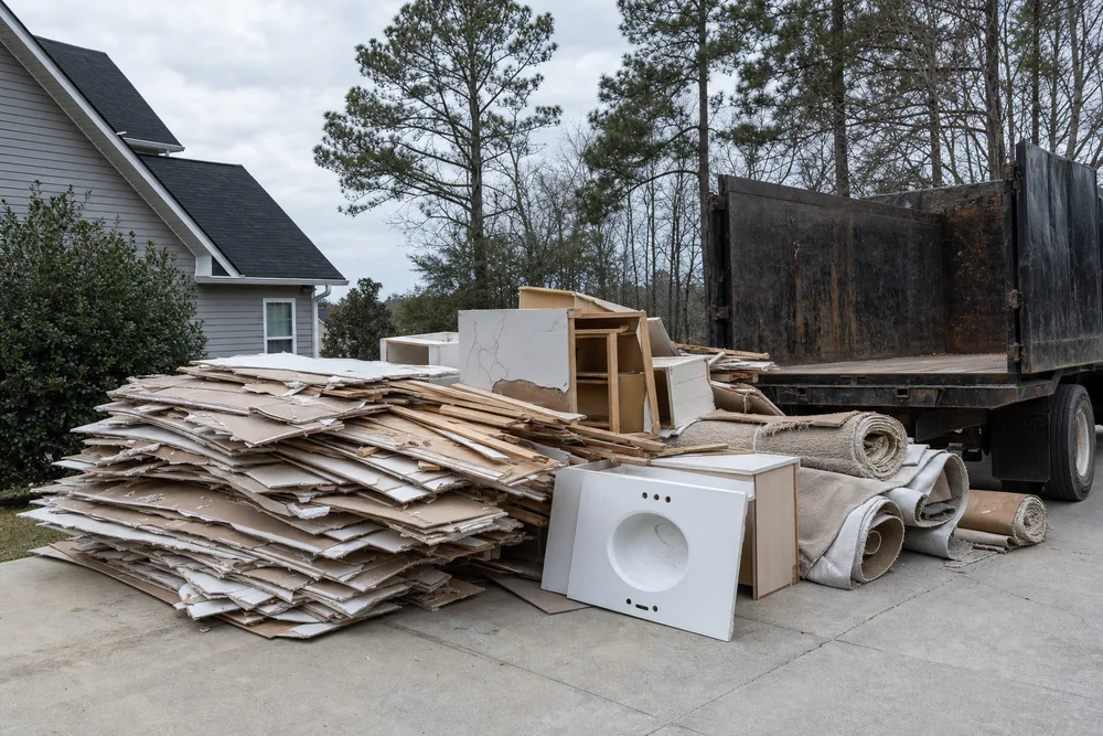 Renovation debris staged on a driveway including drywall, lumber, old cabinets and carpet rolls beside a hauling truck