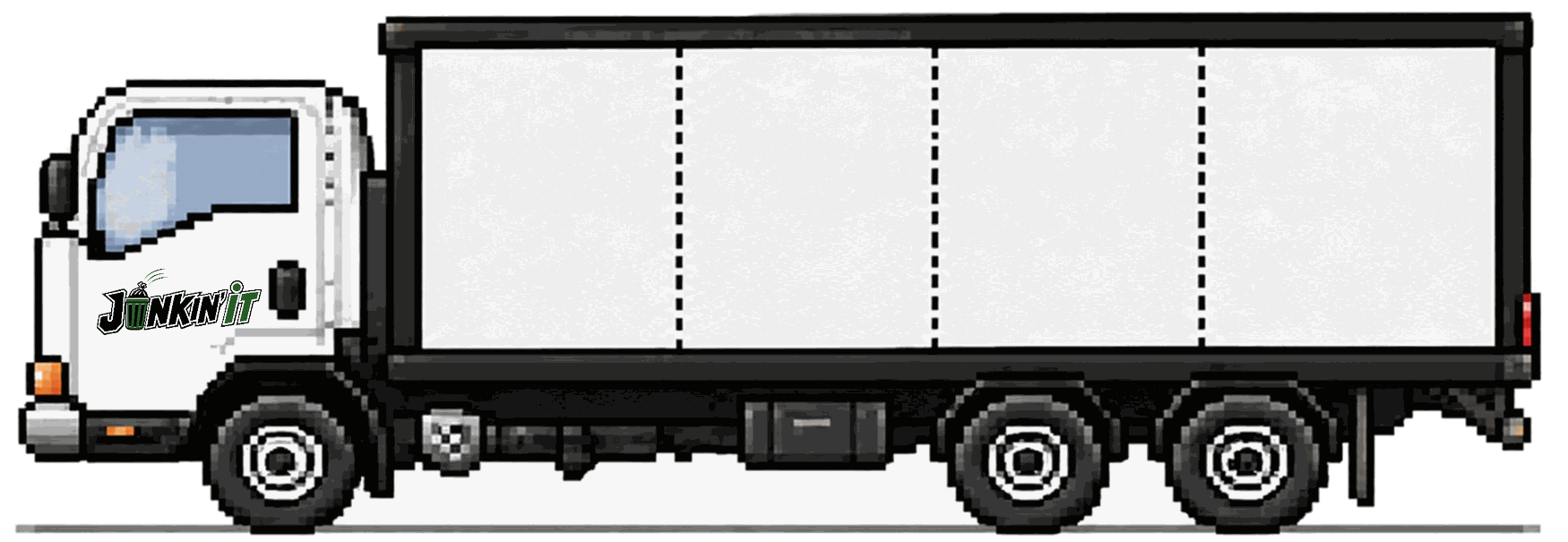Side view of our 16-cubic-yard box truck, its bed marked off in quarter-load increments.